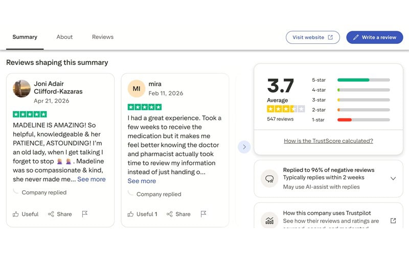 OrderlyMeds Trustpilot page showing 3.4 star rating.