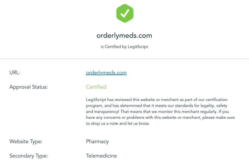 OrderlyMeds LegitScript certification status page.