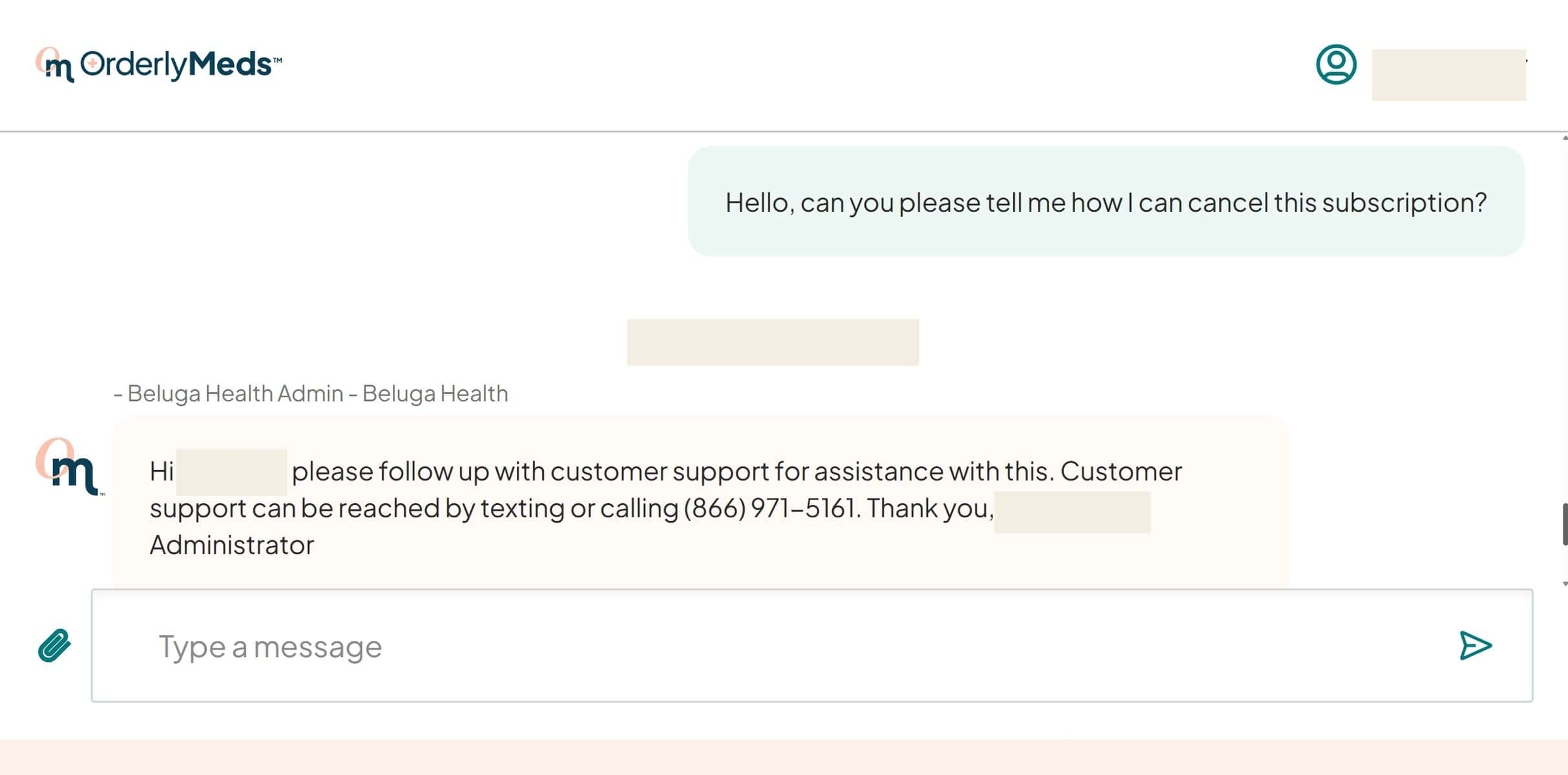 OrderlyMeds patient portal chat redirecting cancellation to a phone call.