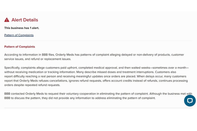 OrderlyMeds BBB profile showing business alert for "pattern of complaints."