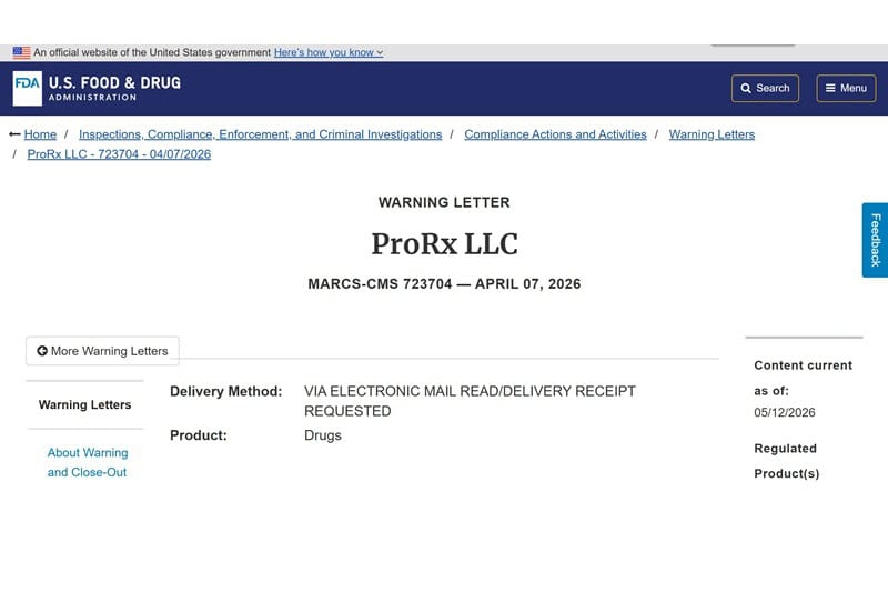 FDA warning letter or 483 for ProRx LLC.