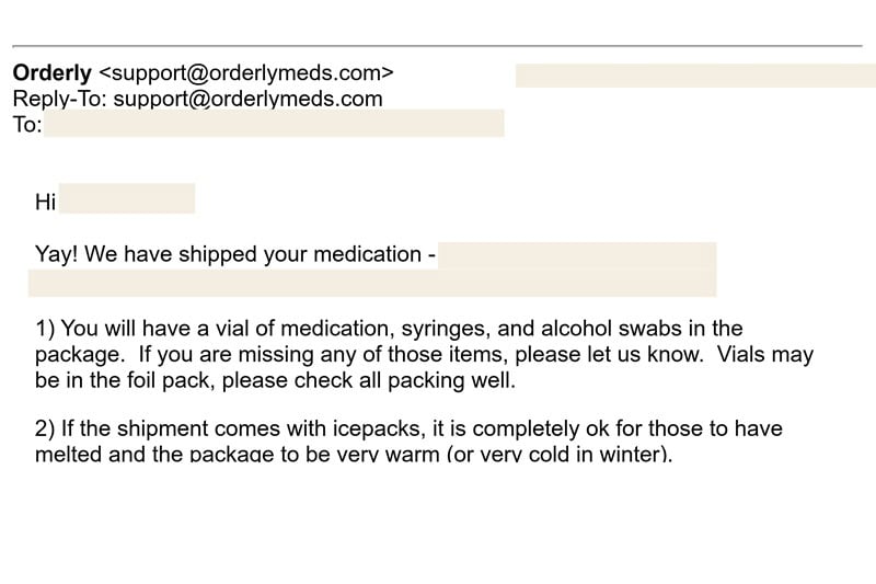 OrderlyMeds shipping tracking email with three-day delivery window.