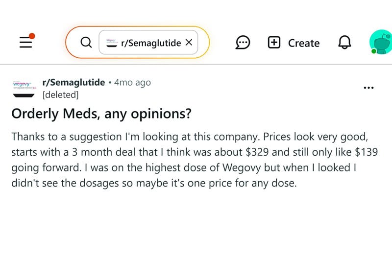 Reddit thread with mixed OrderlyMeds reviews.