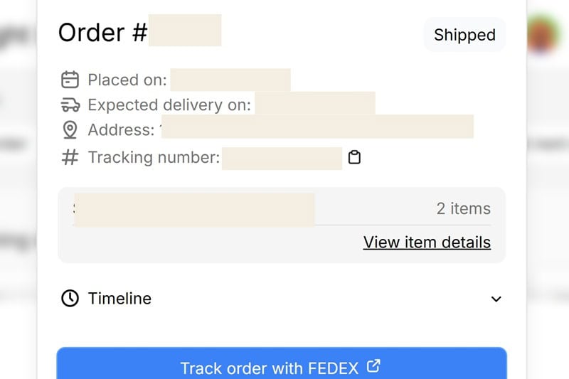 Screenshot of overnight shipping tracking in email and Gimme Care patient portal.