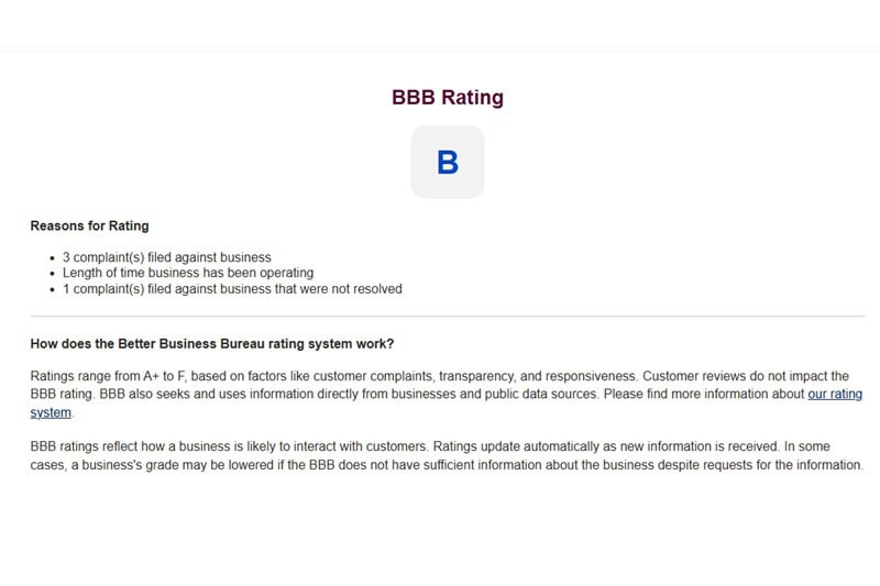 BBB profile showing the "B" rating and three complaints filed, one unresolved.
