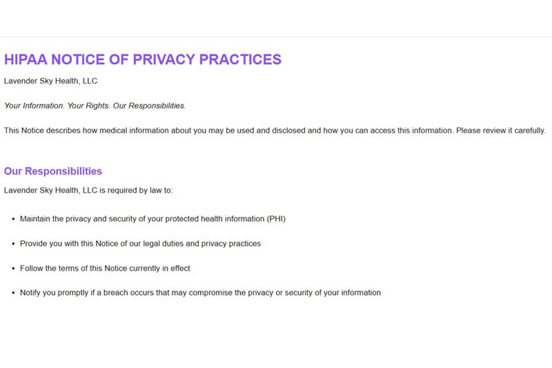 Lavender Sky Health's Terms and Policies page showing the Charleston, SC business address and HIPAA notice.