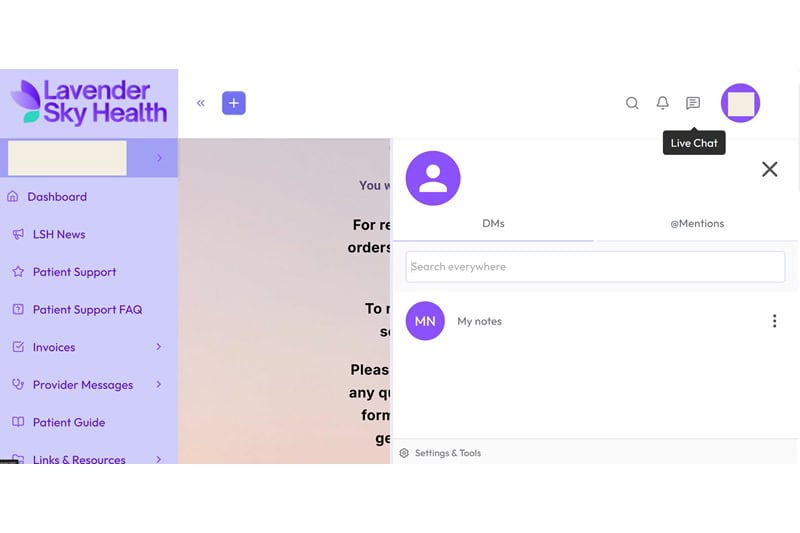 Patient portal showing the non-functioning live chat icon.