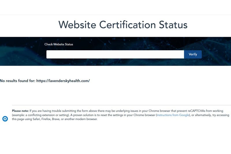 LegitScript directory search showing no listing for Lavender Sky Health.