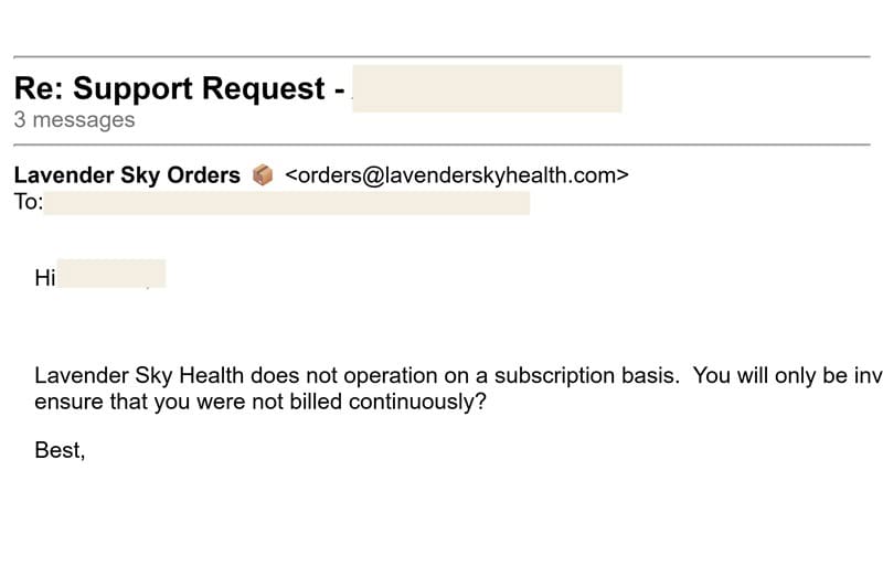 Patient portal showing the support response confirming no subscription and no recurring charges.