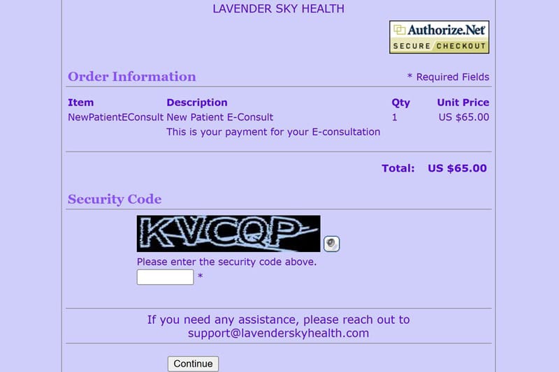 Patient portal invoice screen showing the consultation fee separated from the medication charge.