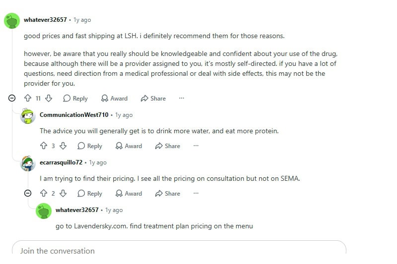 Reddit thread showing both positive ("80lbs lost, reliable meds") and negative ("wrong dose, no accountability") feedback.
