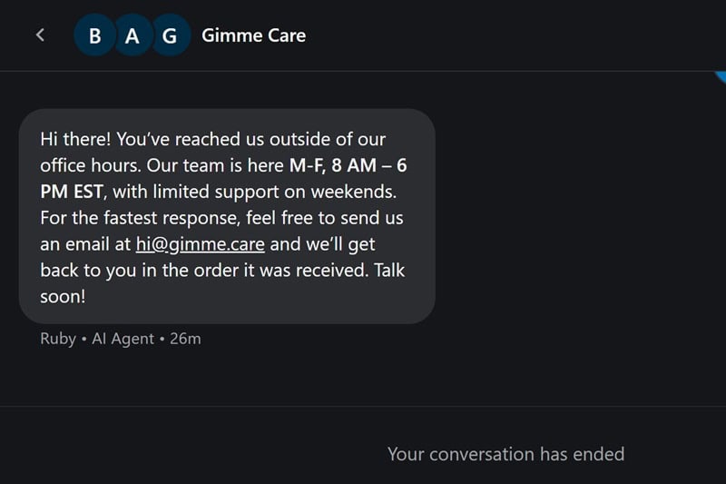 Gimme Care AI chat interaction with off-hours message.