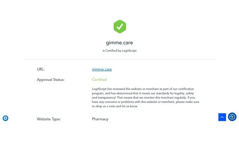 Gimme Care's LegitScript certification page confirming active status.