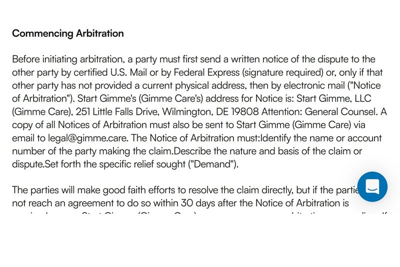 Gimme Care's footer or contact page showing the Wilmington, DE address.