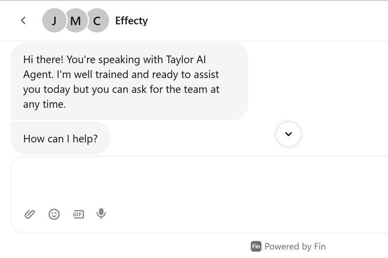 Effecty live chat showing Taylor (AI) initial response followed by a human agent after a request for escalation.