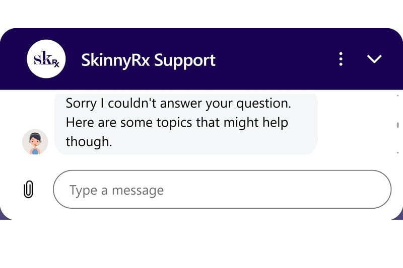 SkinnyRx patient portal chat showing AI-only chat interface.