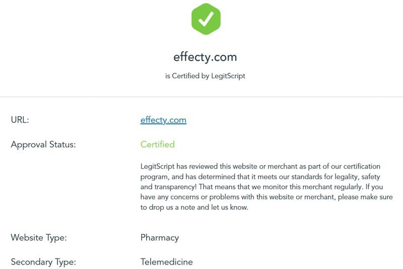 Effecty's LegitScript certification confirming active certified status.