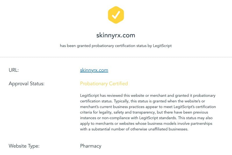 SkinnyRx LegitScript probationary certification status.