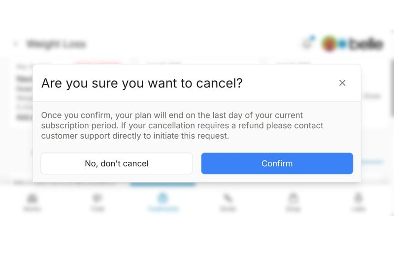 Belle's cancellation path in the patient portal: Treatments > Plan > End Subscription.