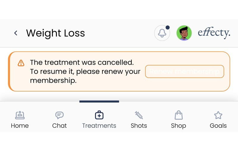 Effecty patient portal showing the cancellation path.