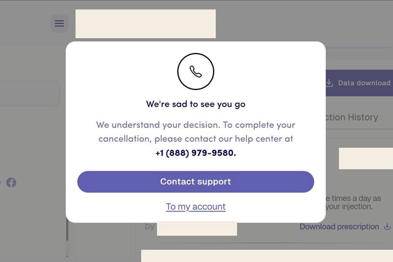SkinnyRx patient portal "My Plans" cancellation flow showing the multi-step process before being told to call support.