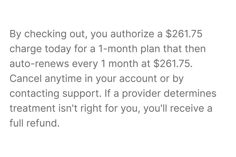 SkinnyRx checkout page showing actual pricing at the standard monthly rate.
