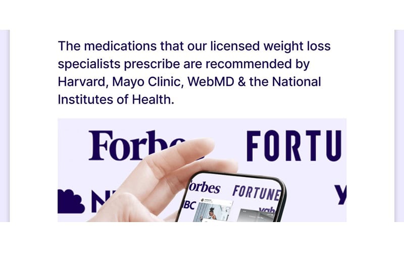 kinnyRx homepage showing Forbes, Fortune 500, NBC, and Yahoo logos with no links, alongside the Harvard/Mayo Clinic/WebMD claims.