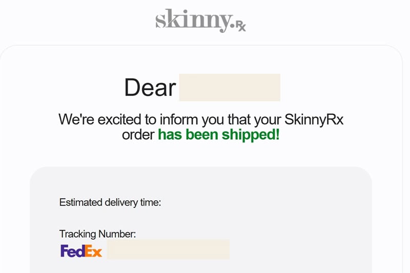 SkinnyRx tracking notification in patient portal showing overnight delivery confirmation.