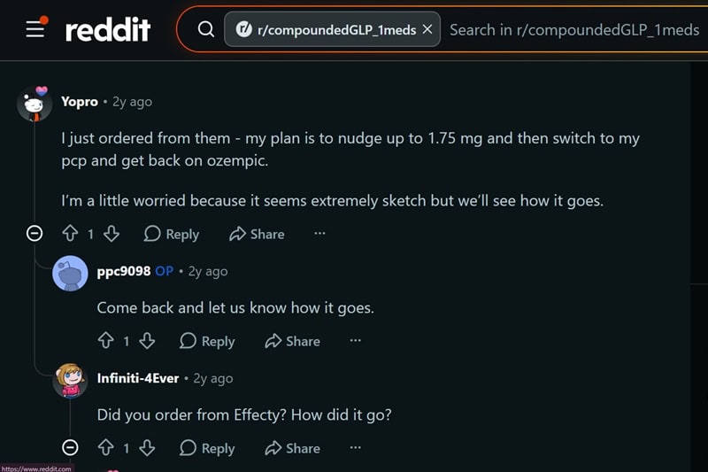 Reddit search results or post showing mixed Effecty GLP-1 reviews.