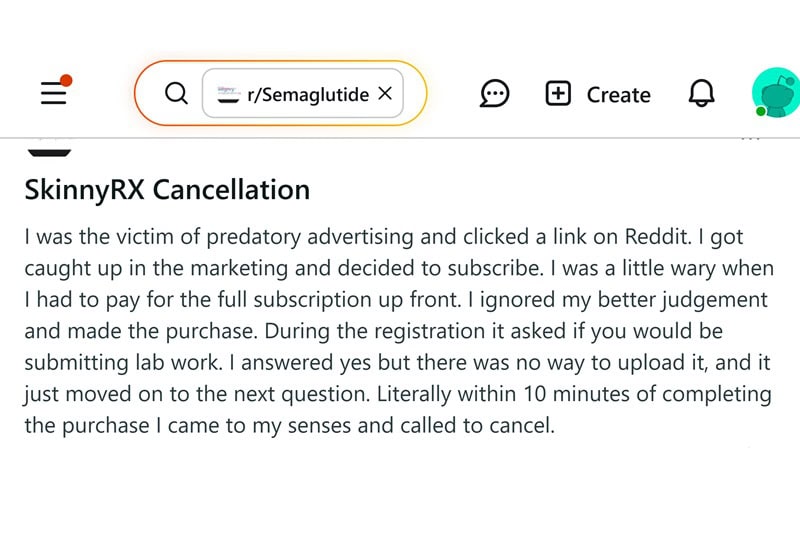 Reddit discussion on SkinnyRx GLP-1 reviews showing mixed feedback.