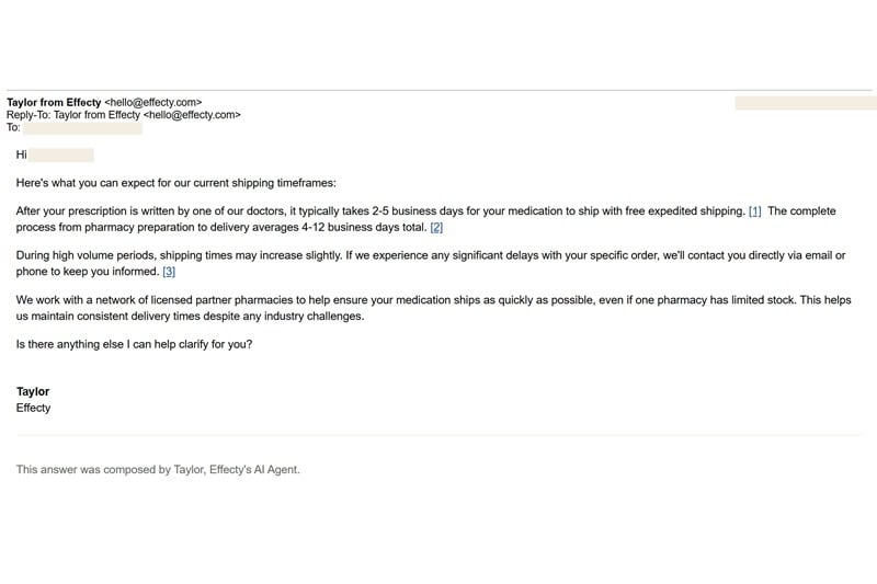 Email response from Taylor, Effecty's AI Agent, with informative reply including cited sources.