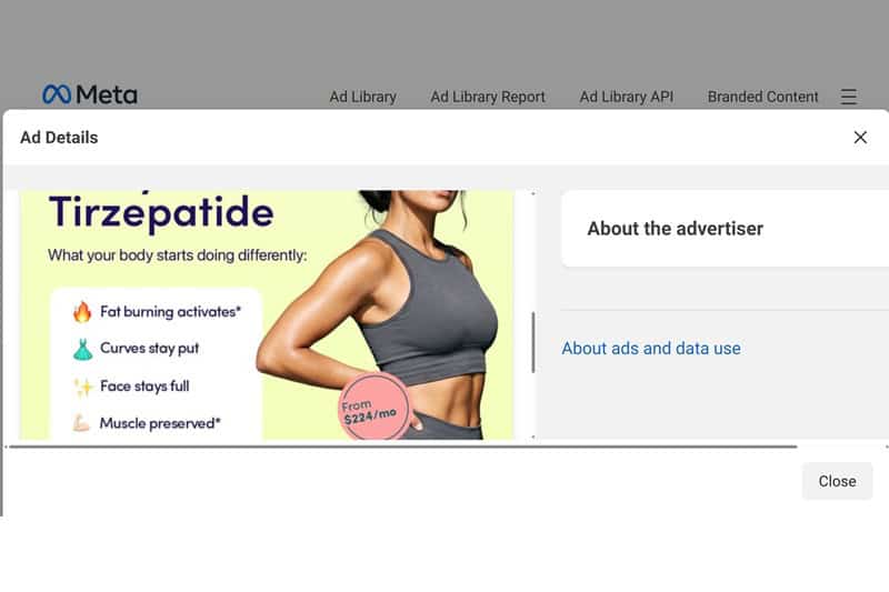 SkinnyRx Meta ad showing "from $224/mo" without specifying it is a microdose bundle price.