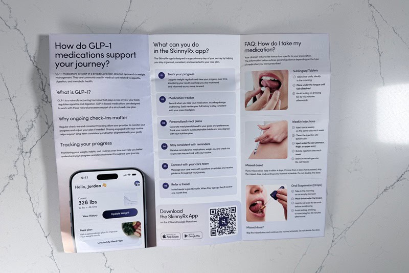 SkinnyRx branded pamphlet with injection and storage instructions.