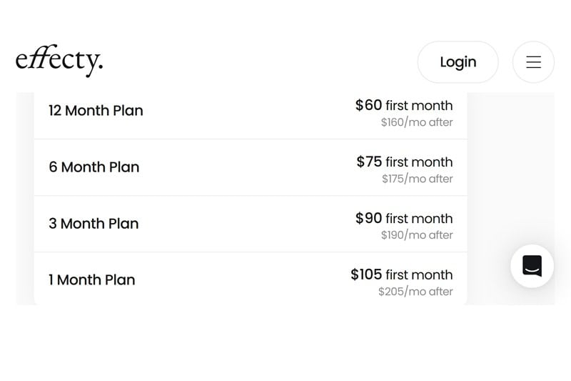 Effecty's pricing page showing monthly and bundle plan options for compounded semaglutide and tirzepatide, with per-month rates and first-month discounts labeled.