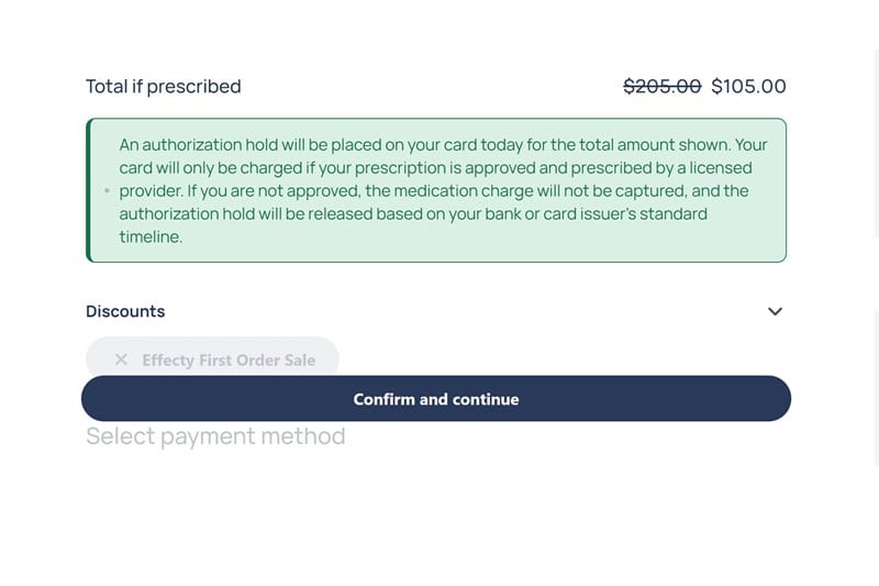 Effecty checkout confirming the plan price matched what was advertised on the plan selection page with no hidden fees.