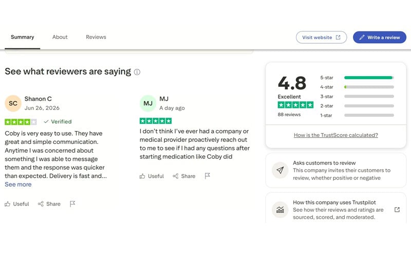 Coby Trustpilot rating.