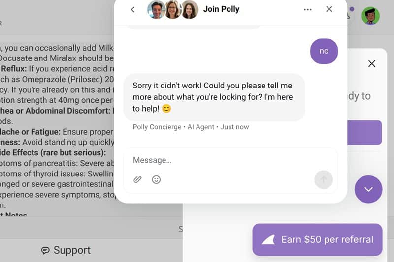 Polly patient portal chat, AI first then human.