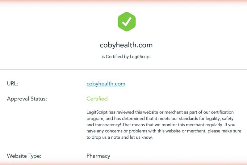 Coby LegitScript certification.