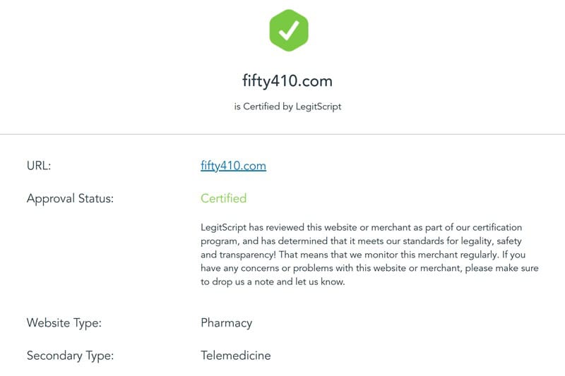 Fifty 410's LegitScript certification.