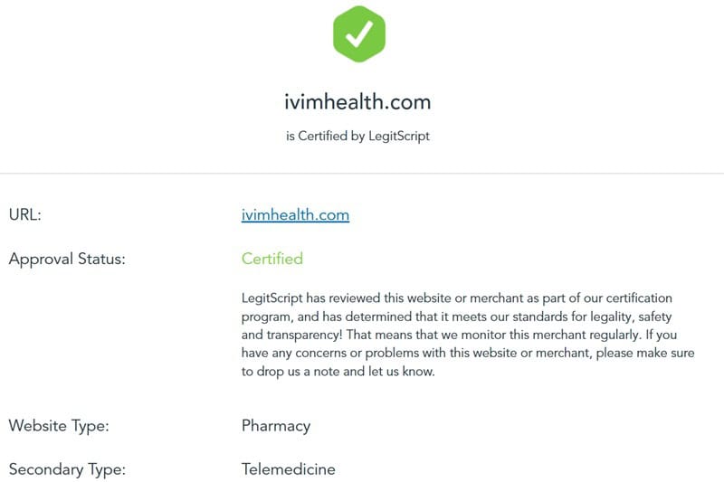 IVIM LegitScript certification page.