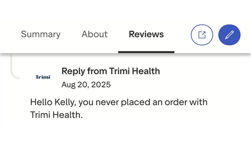 Trimi's reply to a Trustpilot review.