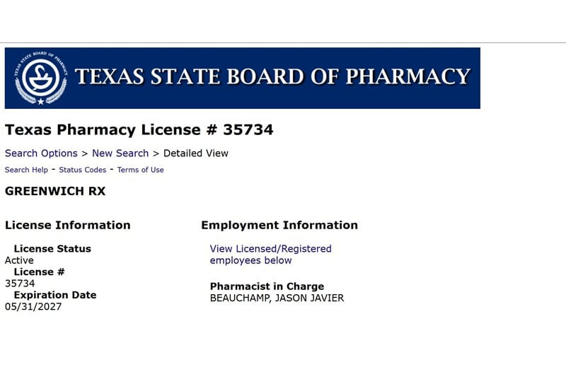 Coby pharmacy licenses or disciplinary history.