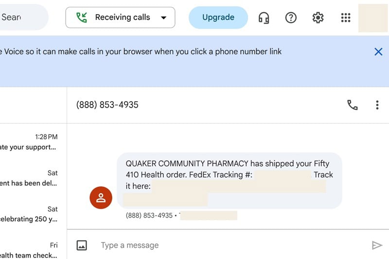 Tracking text message that arrived on delivery day.
