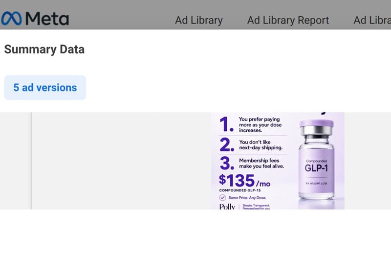 Polly Meta ad advertising $135 compounded semaglutide.