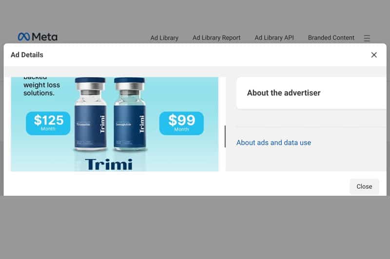 Trimi Meta pricing advertisement.